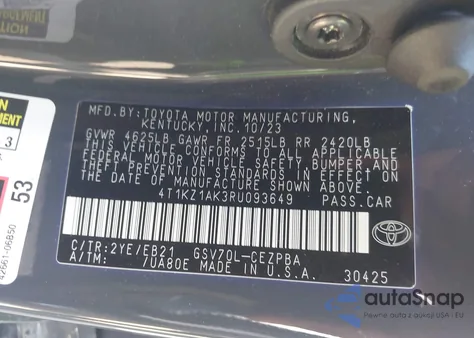 2024 Toyota Camry Trd V6 из США, поврежденный, VIN 4T1KZ1AK3RU093649